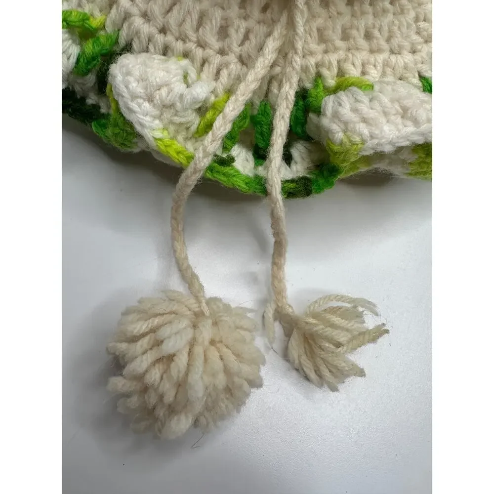 Vintage Handmade Round Flower Crochet Pillow Green White